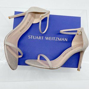 Stuart Weitzman Nudistsong High Heel Ankle Strap Sandal Platino Glitter US 10 B